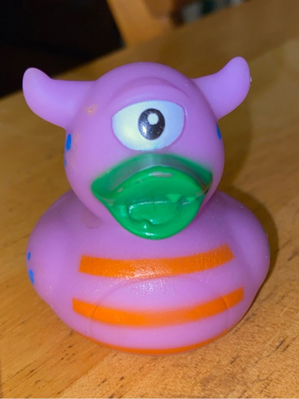 Purple Cyclops Monster Rubber Duck Green Beak Orange Stripes Novelty Toy Car acc